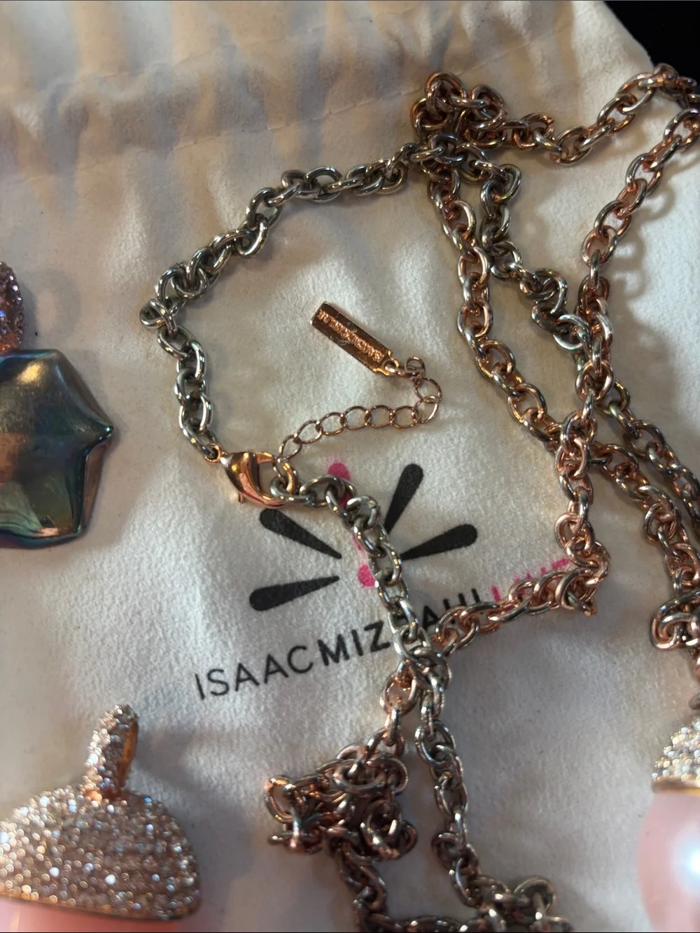 Isaac Mizrahi Rose Gold Silvertone  Necklace with 3 Pendants 36”